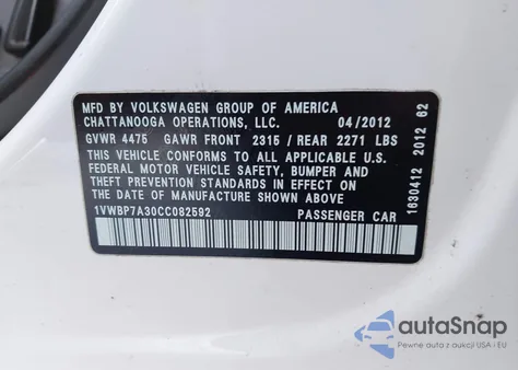 2012 Volkswagen Passat 2.5L Se from USA, damaged, VIN 1VWBP7A30CC082592